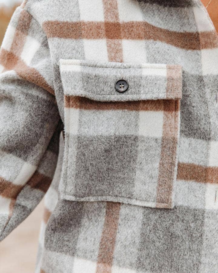 Women's Plaid Button Flannel Shirt Jacket: Light gray / 100%Polyester