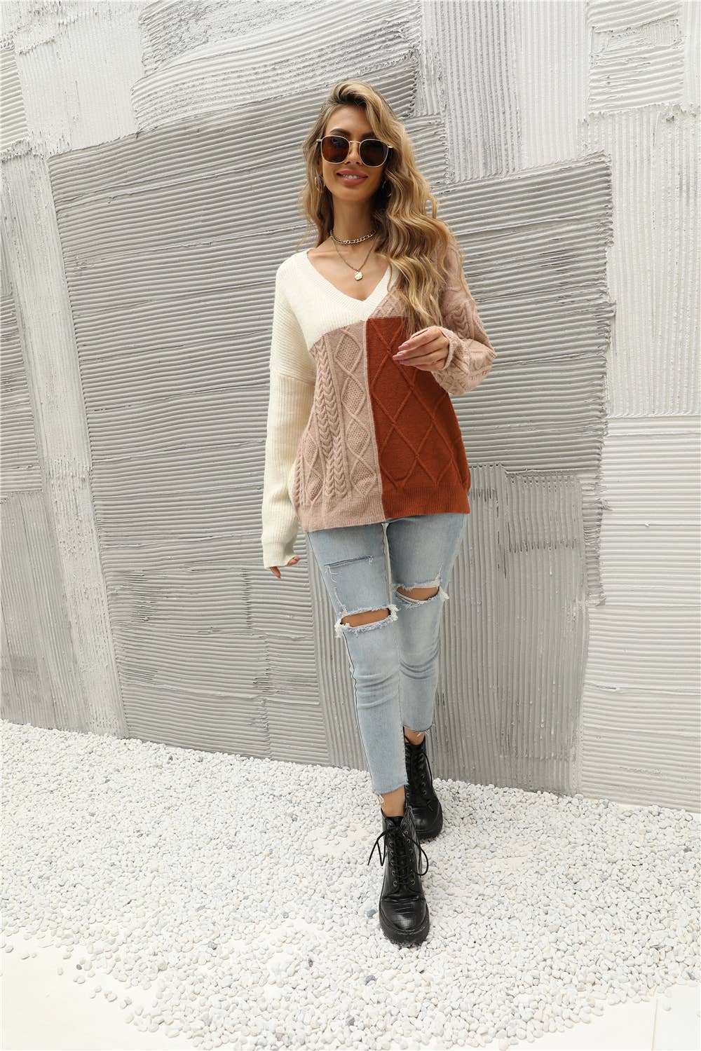 Cable Knit Color Block Pullover Sweater: Clay