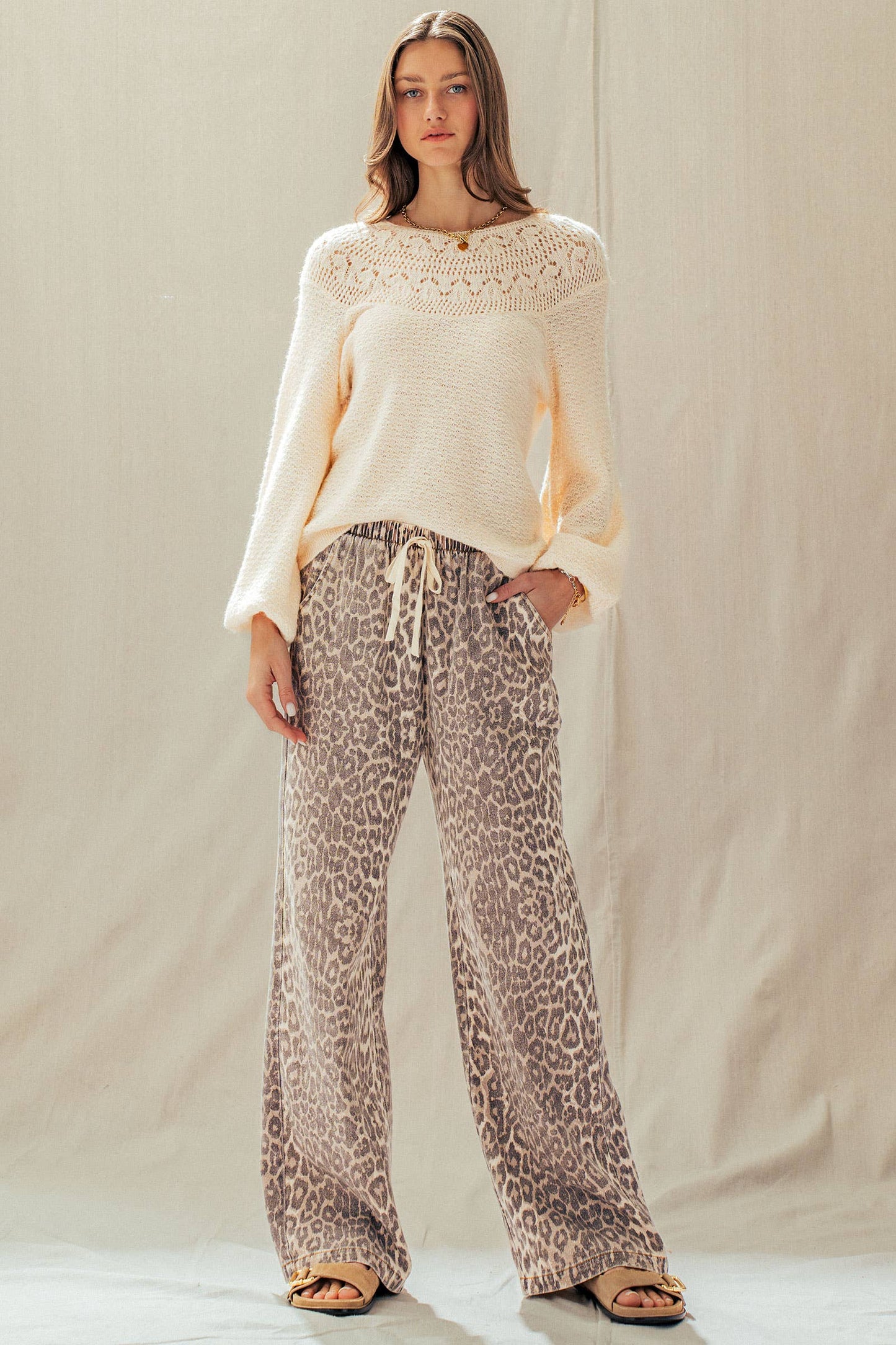 Leopard Print Wide Leg Cotton Pants Drawstring: LEOPARD