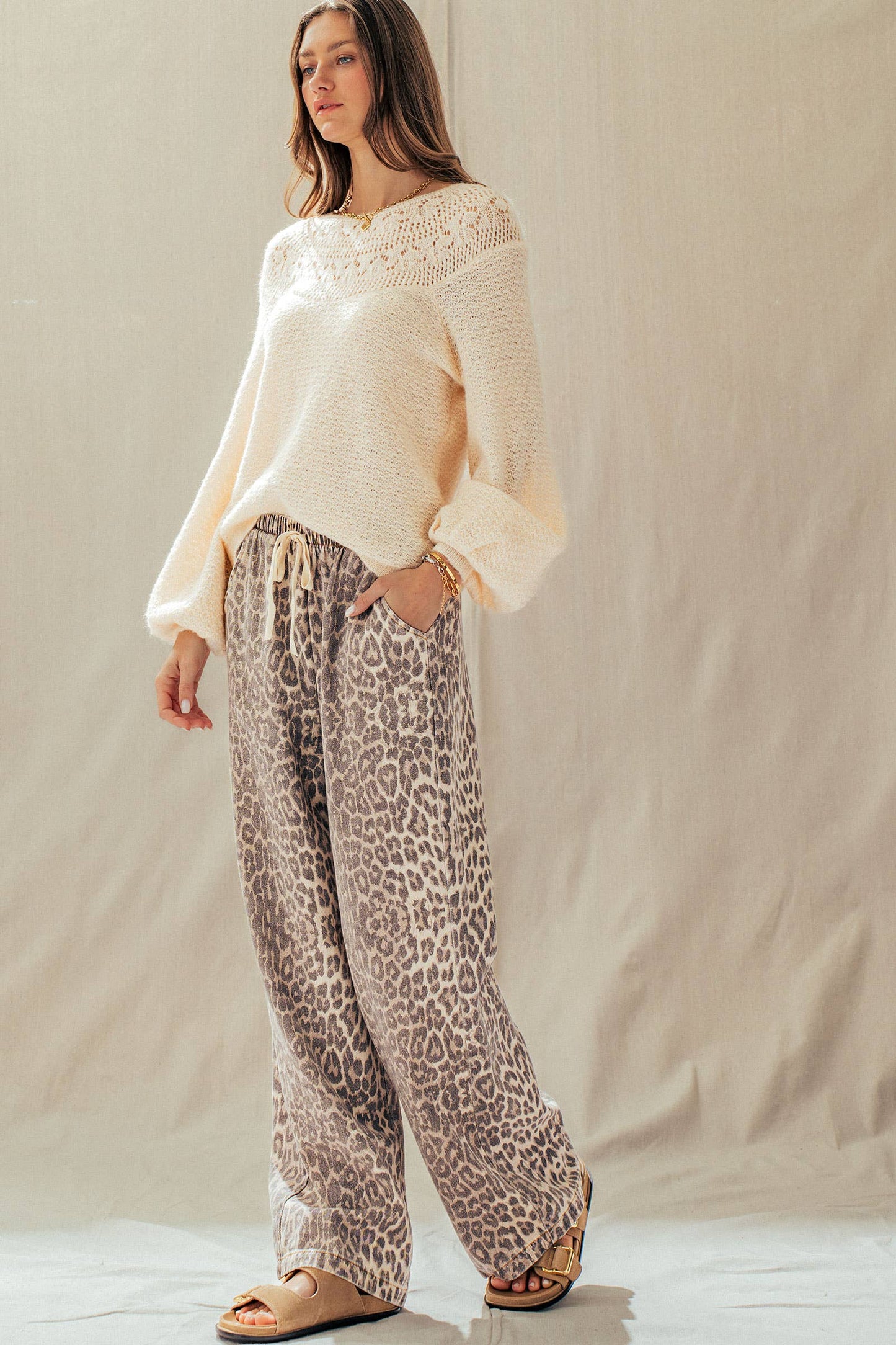 Leopard Print Wide Leg Cotton Pants Drawstring: LEOPARD