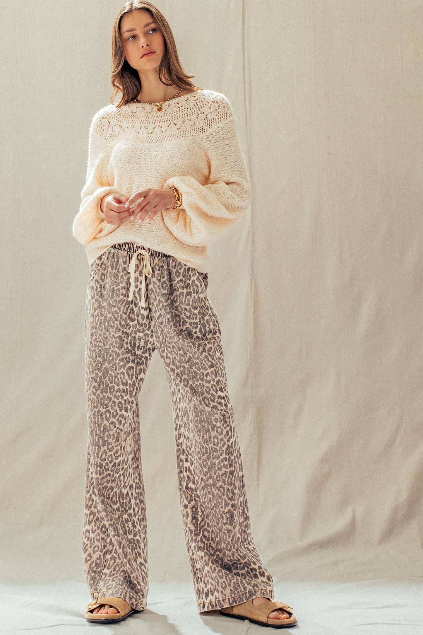Leopard Print Wide Leg Cotton Pants Drawstring: LEOPARD