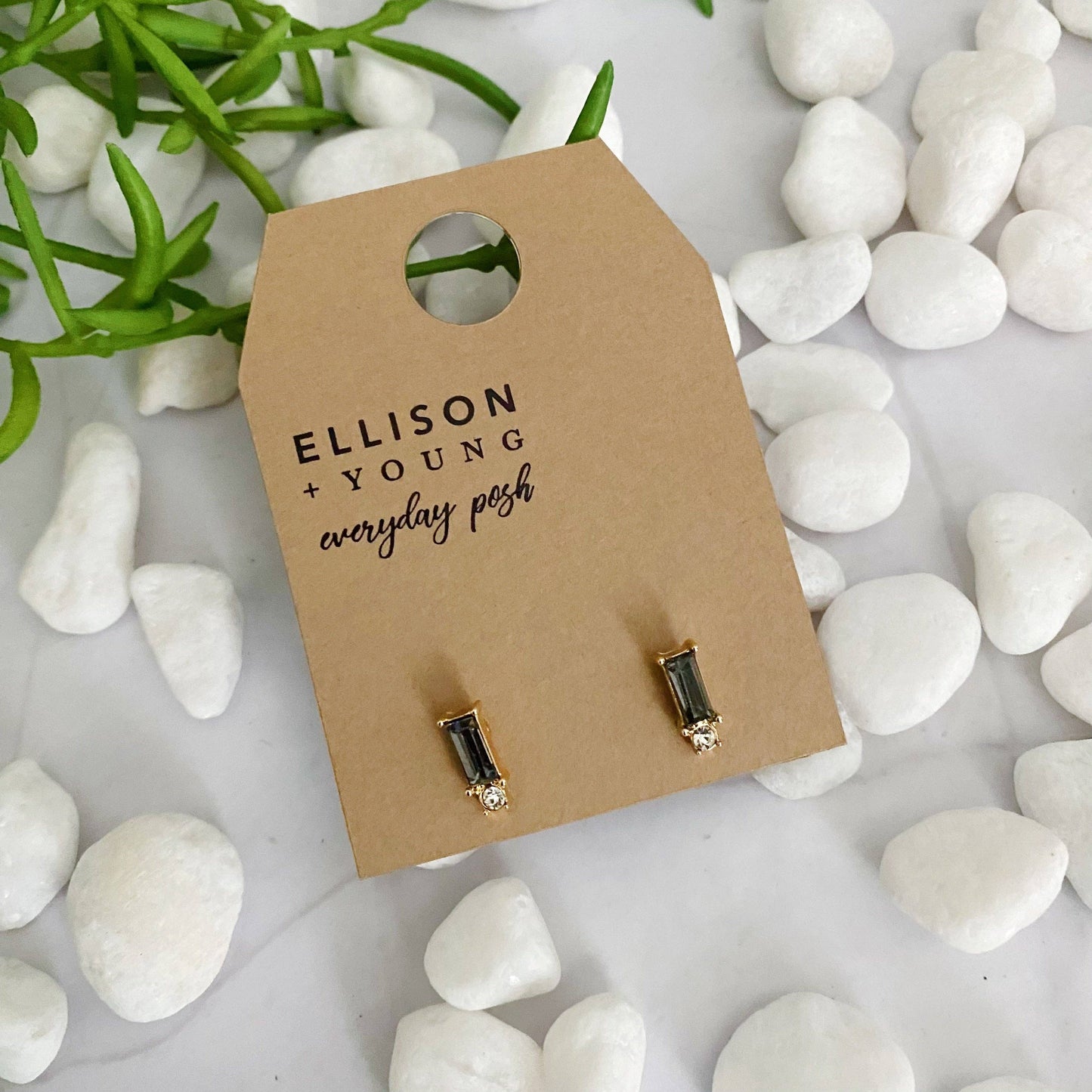 Baguette Cut Stone Stud Earrings: Emerald Green