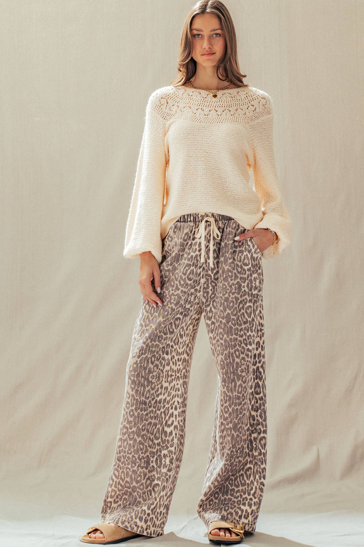 Leopard Print Wide Leg Cotton Pants Drawstring: LEOPARD