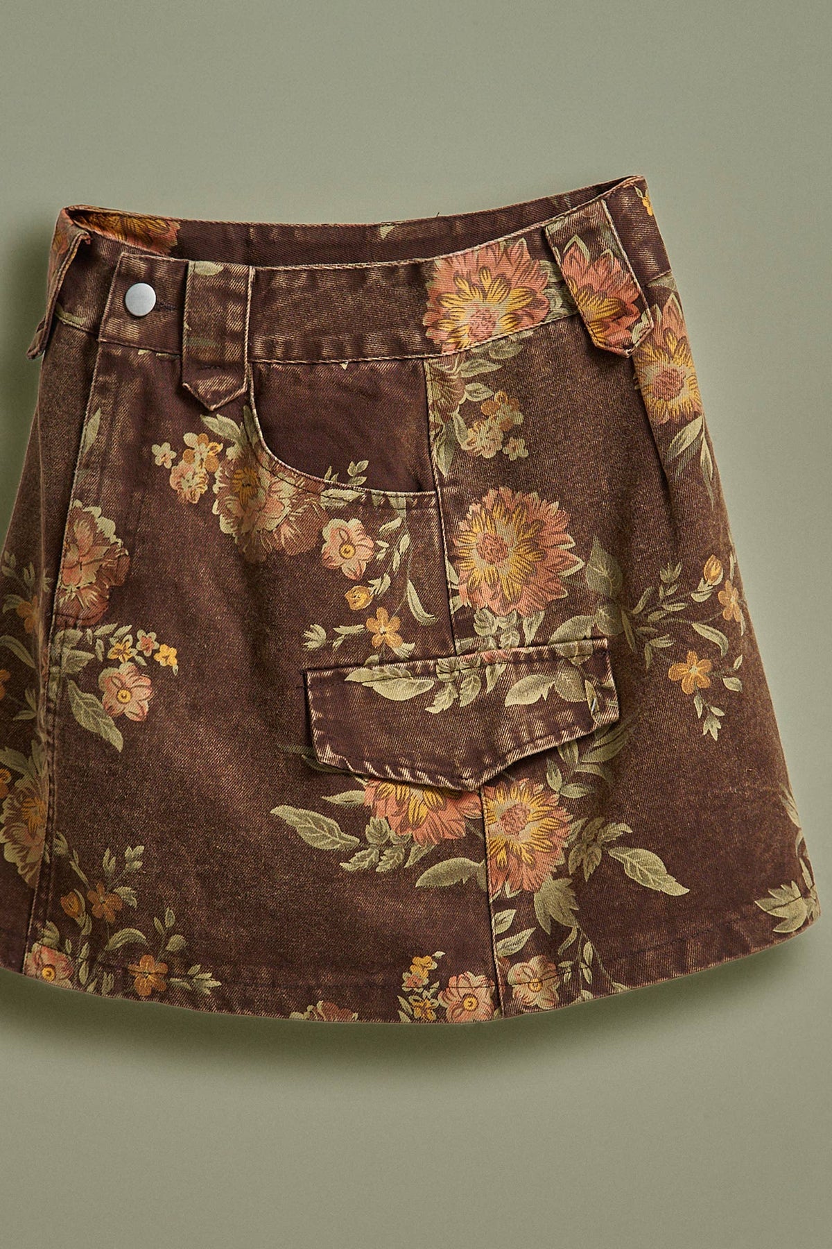 Vintage Floral Cotton Denim Cargo Mini Skirt: Brown