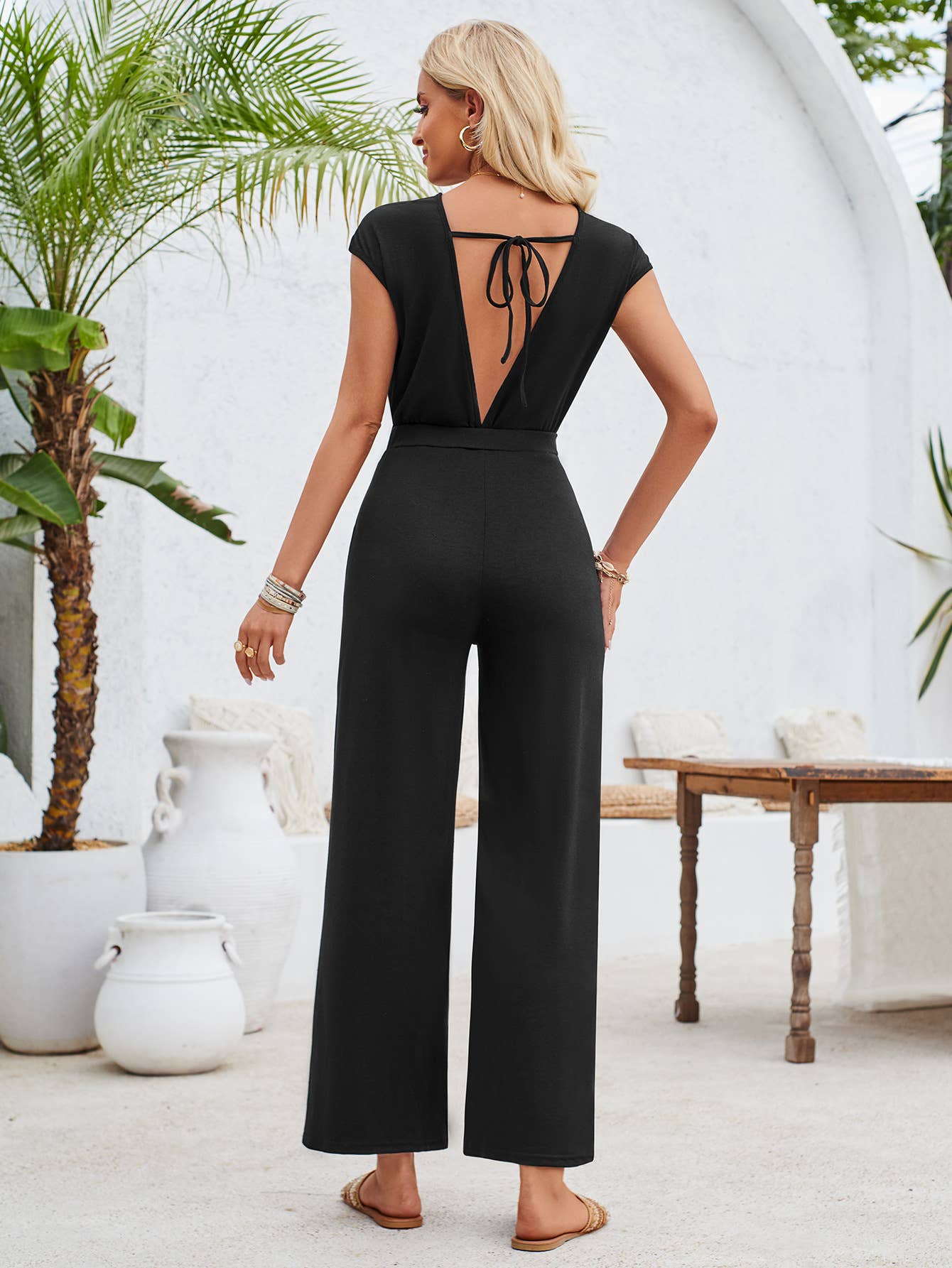 Jersey Knit Twist Knot Cut Out Wide Leg Jumpsuit:  Black