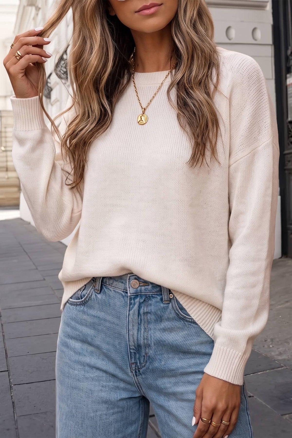 Timeless Solid Crewneck Lossy Lace Sweater Coffee