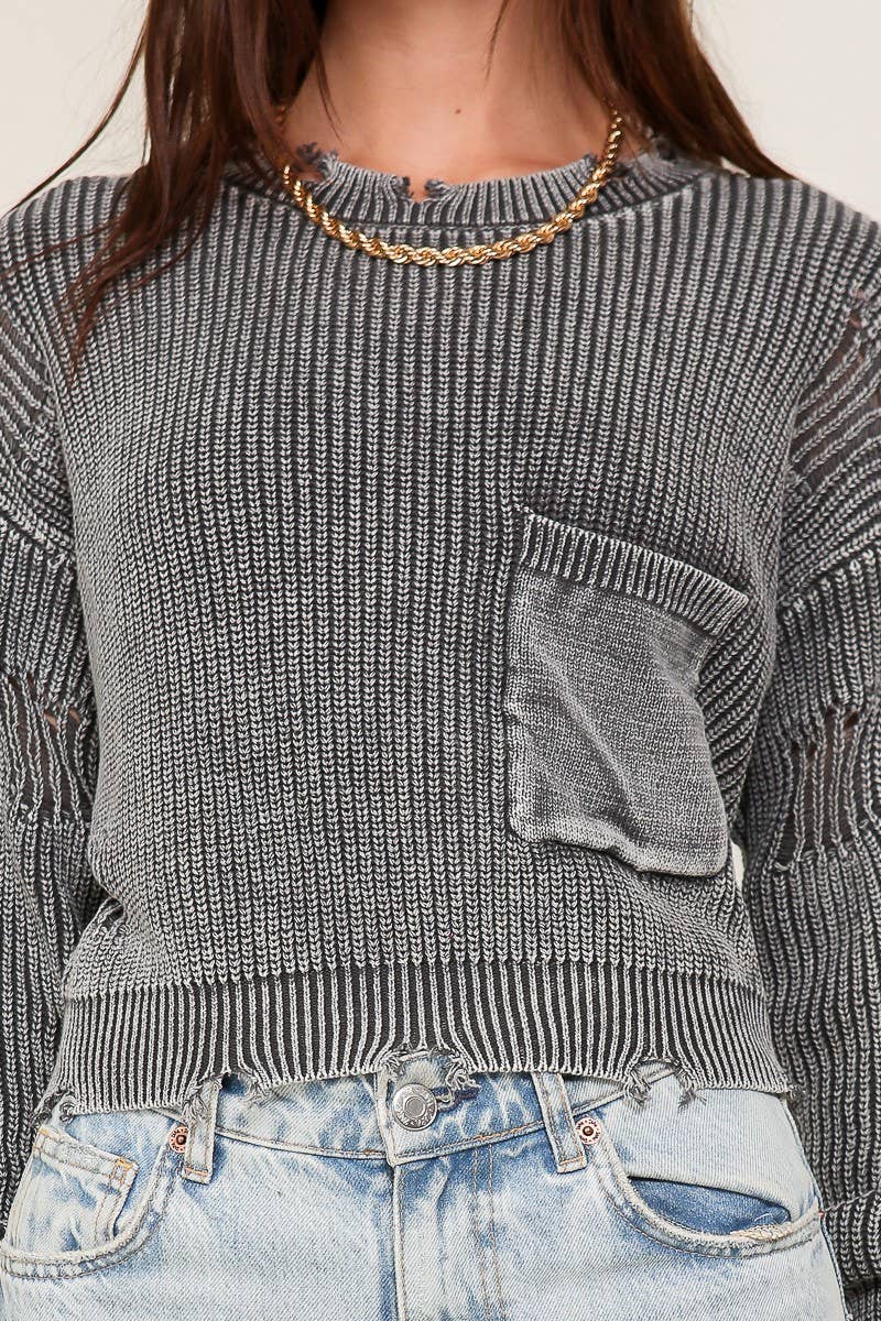 Cropped Mineral Wash Distressed Sweater : Charcoal