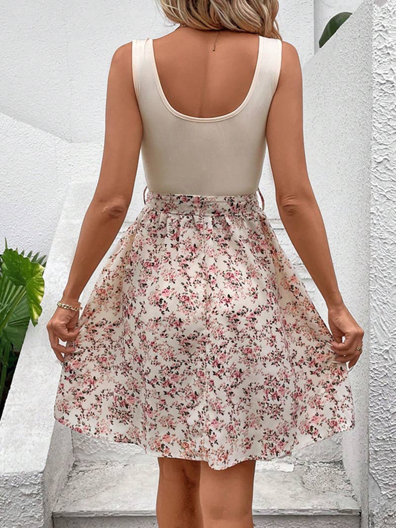 Floral Print Tank Belted Dress : Floral