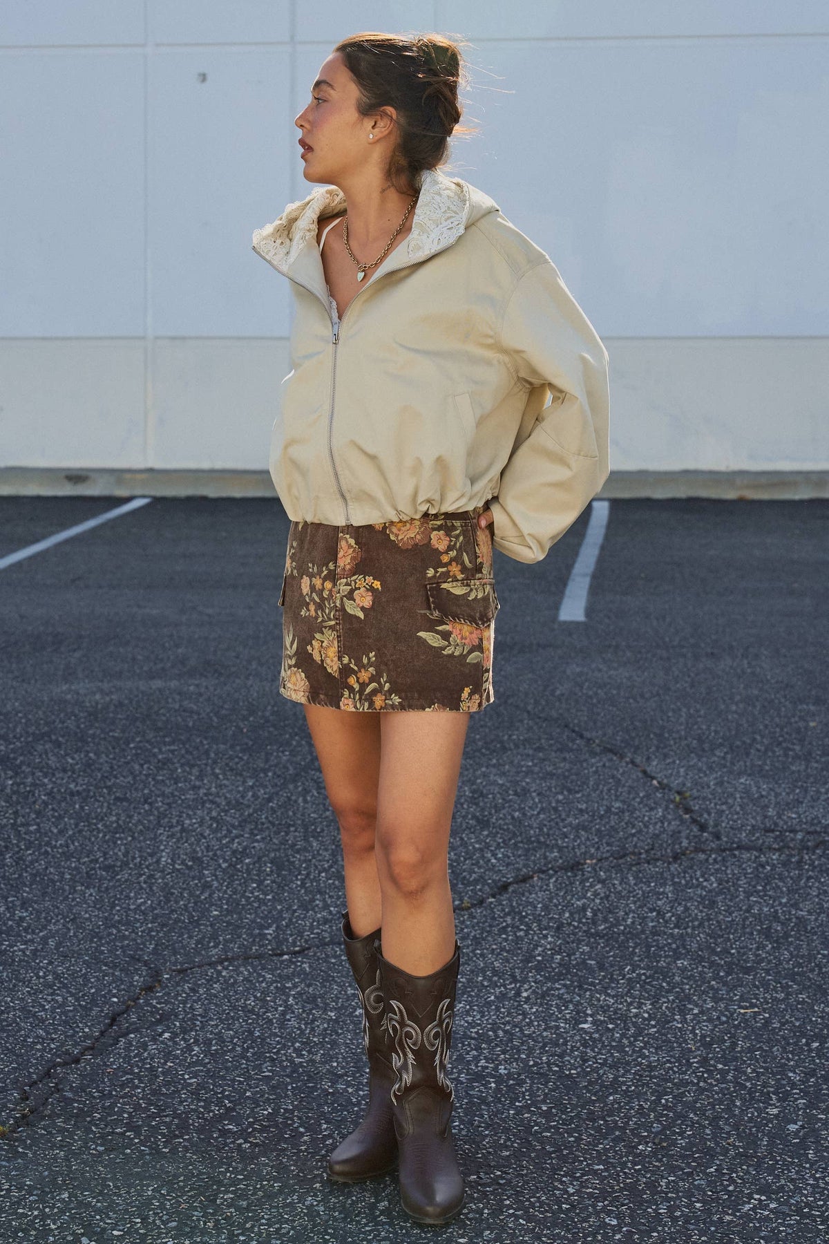 Vintage Floral Cotton Denim Cargo Mini Skirt: Brown
