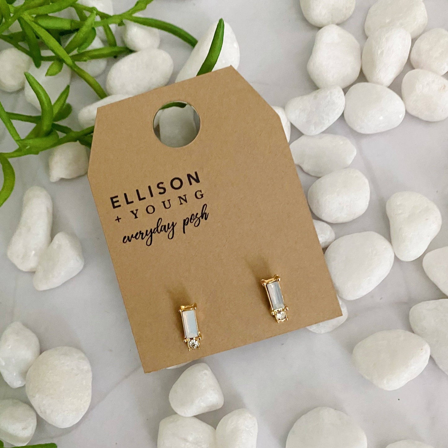 Baguette Cut Stone Stud Earrings: White Opal