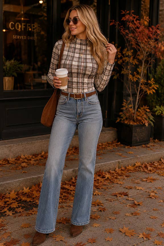 Fall Ruched Plaid Mock Neck Mesh Top: Stone