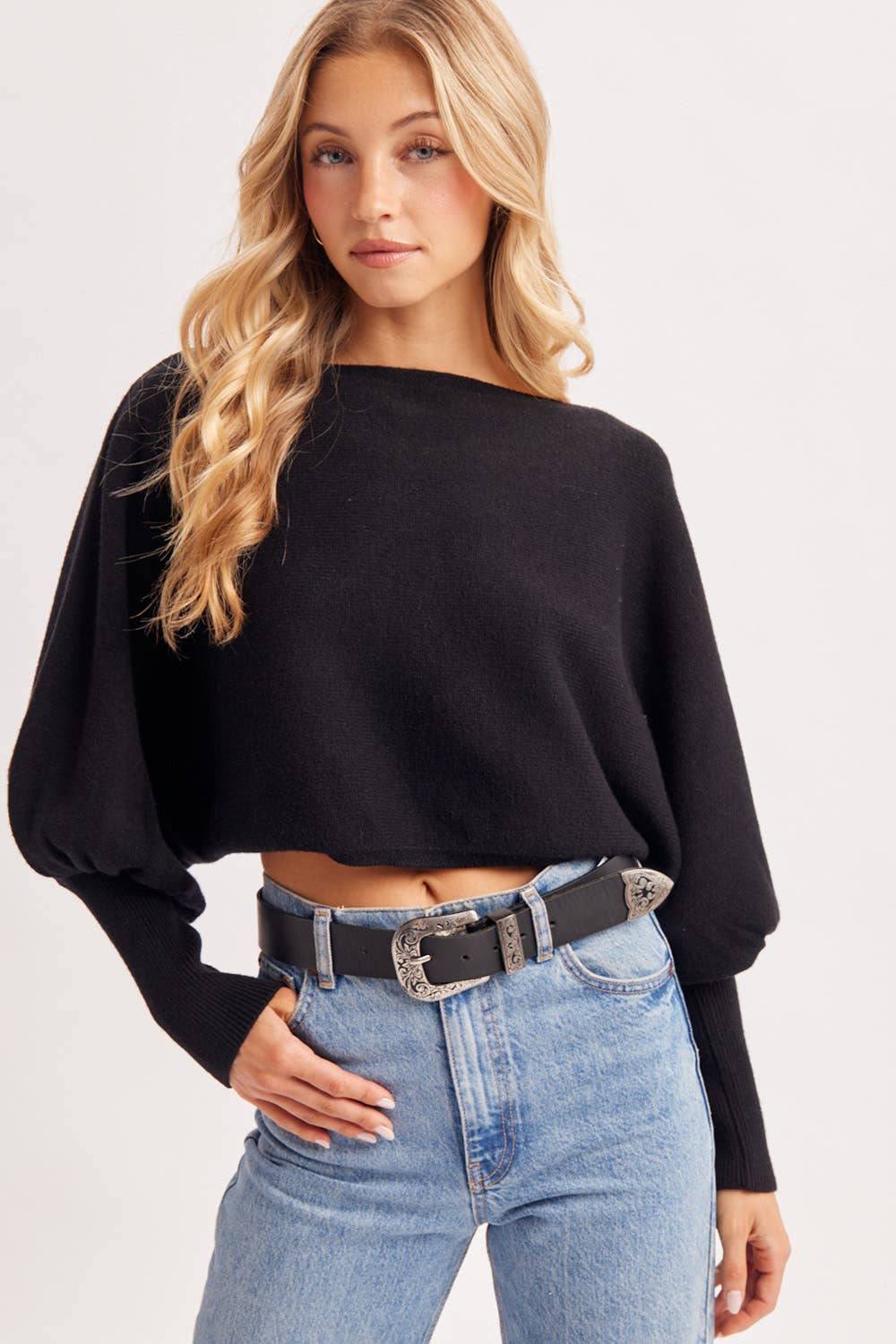 CROPPED BOAT-NECK BALLOON SLEEVED KNIT SWEATER: LATTE
