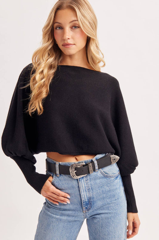 CROPPED BOAT-NECK BALLOON SLEEVED KNIT SWEATER: Black