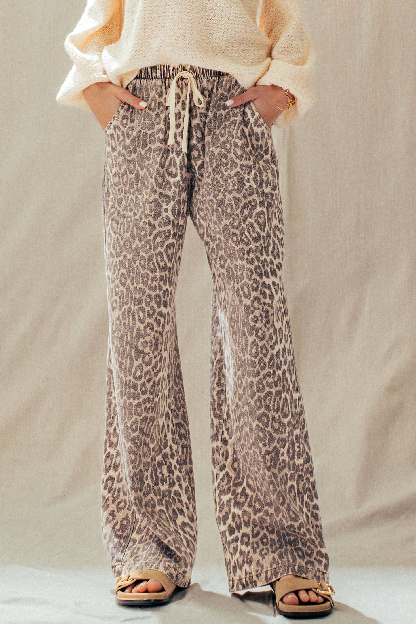 Leopard Print Wide Leg Cotton Pants Drawstring: LEOPARD