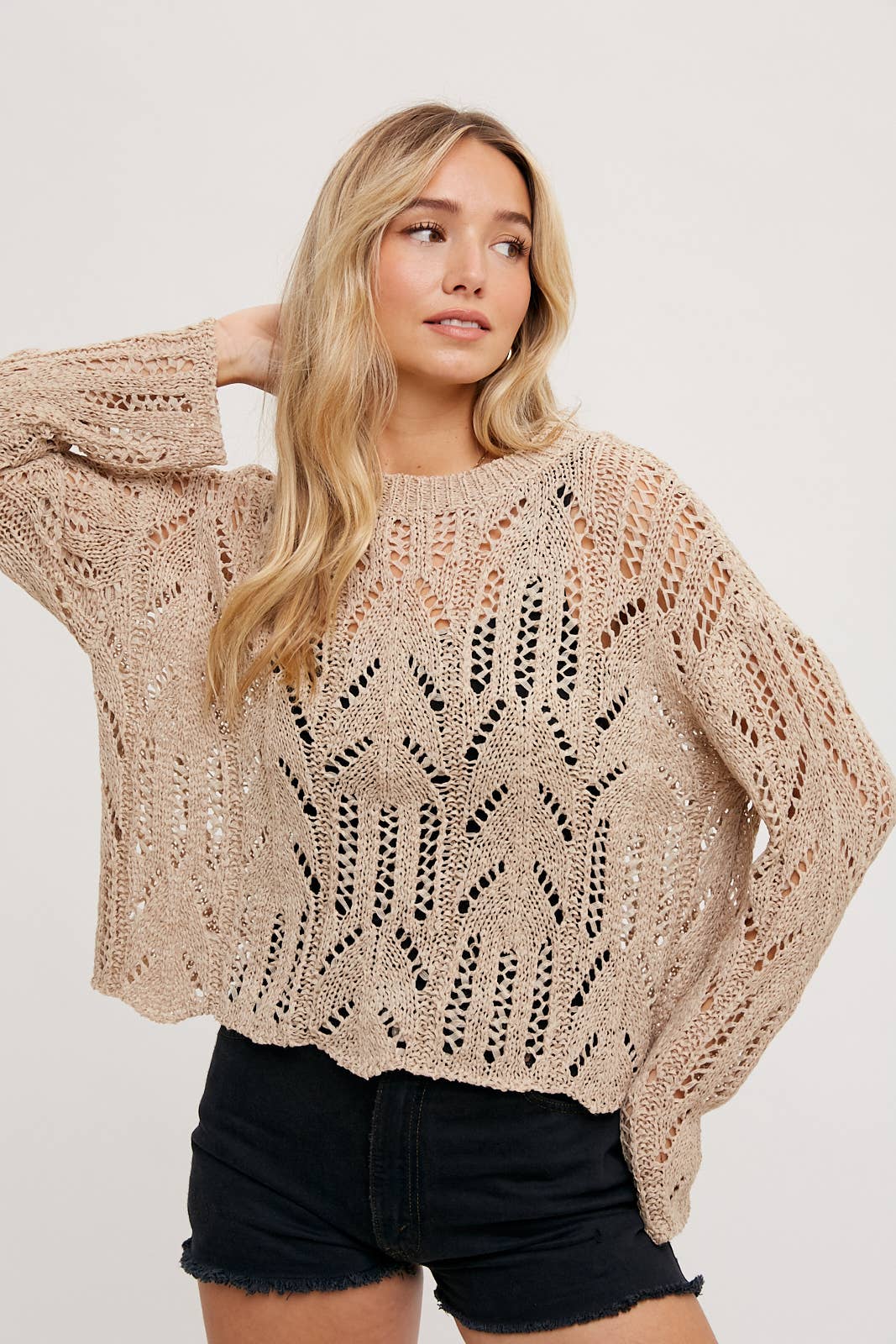 OPEN KNIT SWEATER PULLOVER: TAUPE