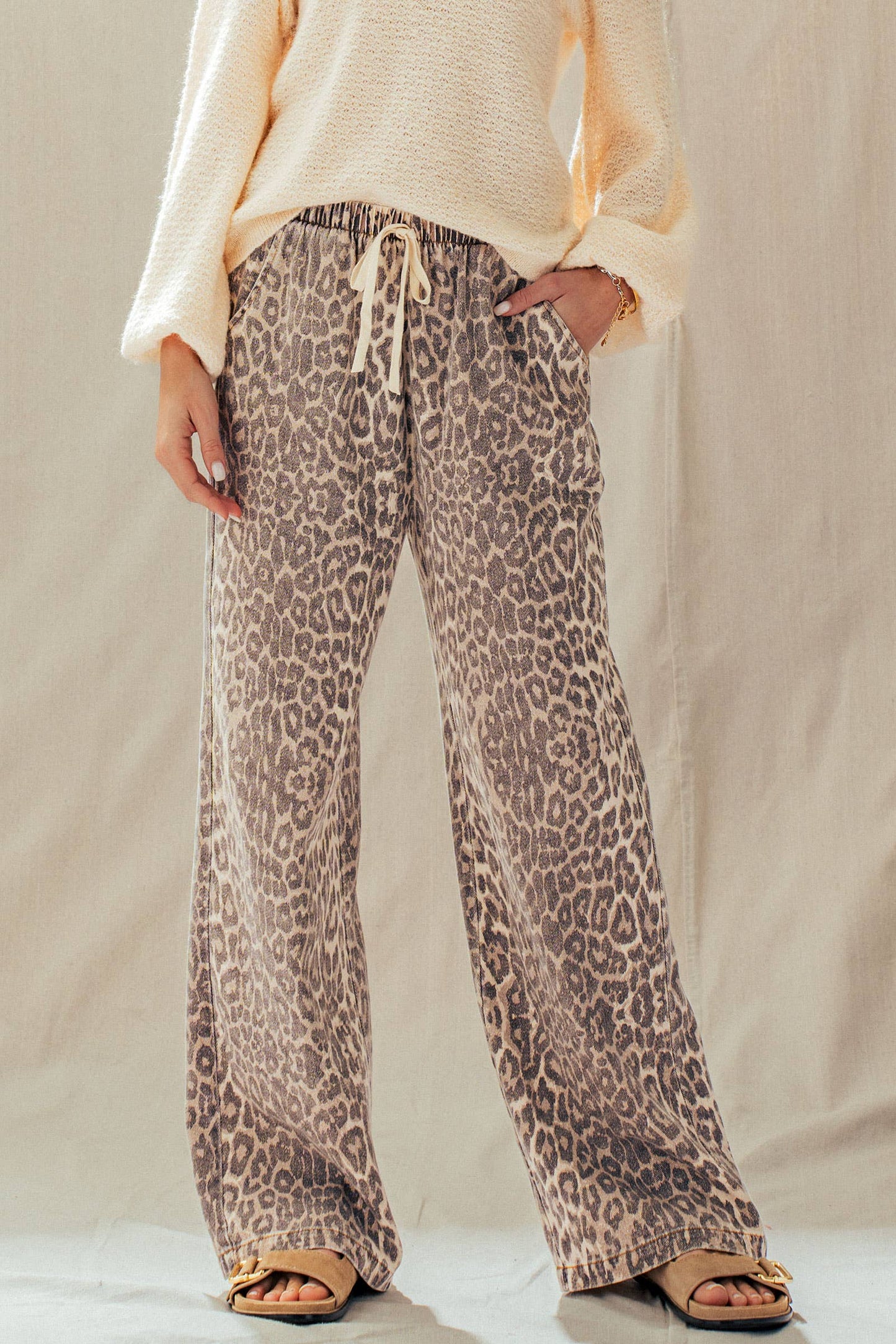 Leopard Print Wide Leg Cotton Pants Drawstring: LEOPARD