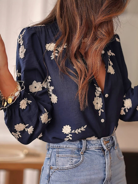 Boho Midnight Ecru Floral Ruffled Blouse: NavyBlue