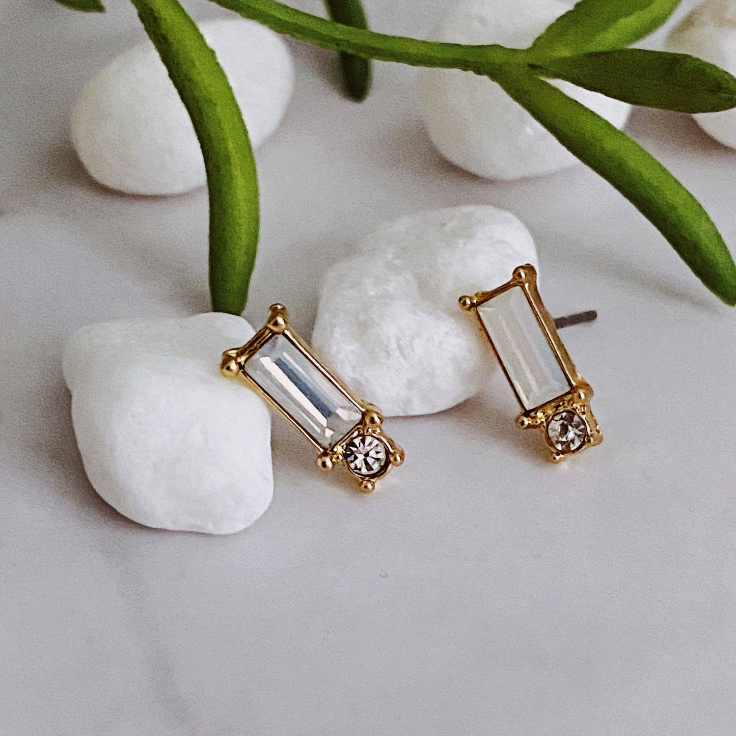 Baguette Cut Stone Stud Earrings: White Opal