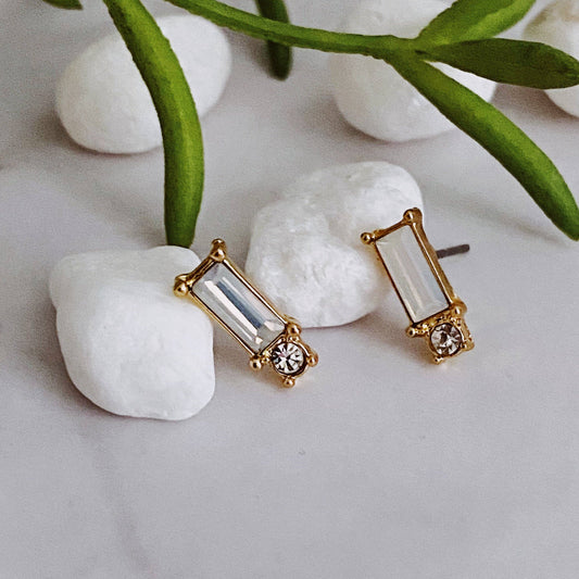 Baguette Cut Stone Stud Earrings: White Opal