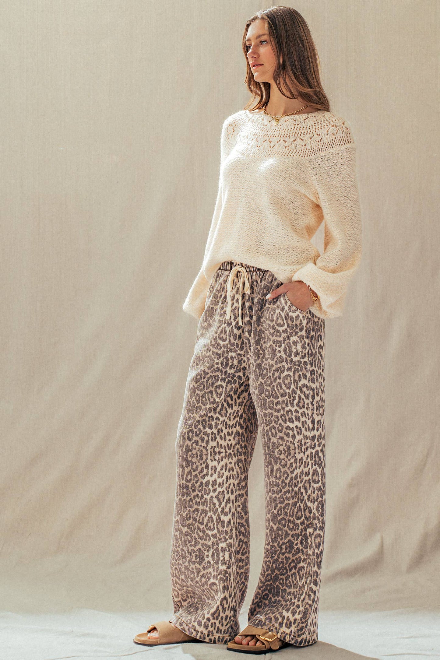 Leopard Print Wide Leg Cotton Pants Drawstring: LEOPARD