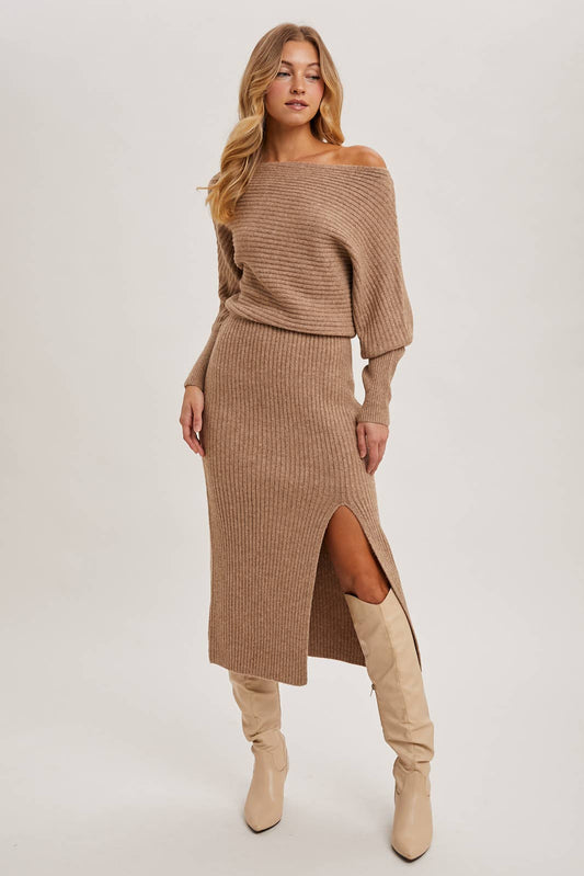 One Shoulder Off Side Slit Midi Knit Sweater Dress: Latte