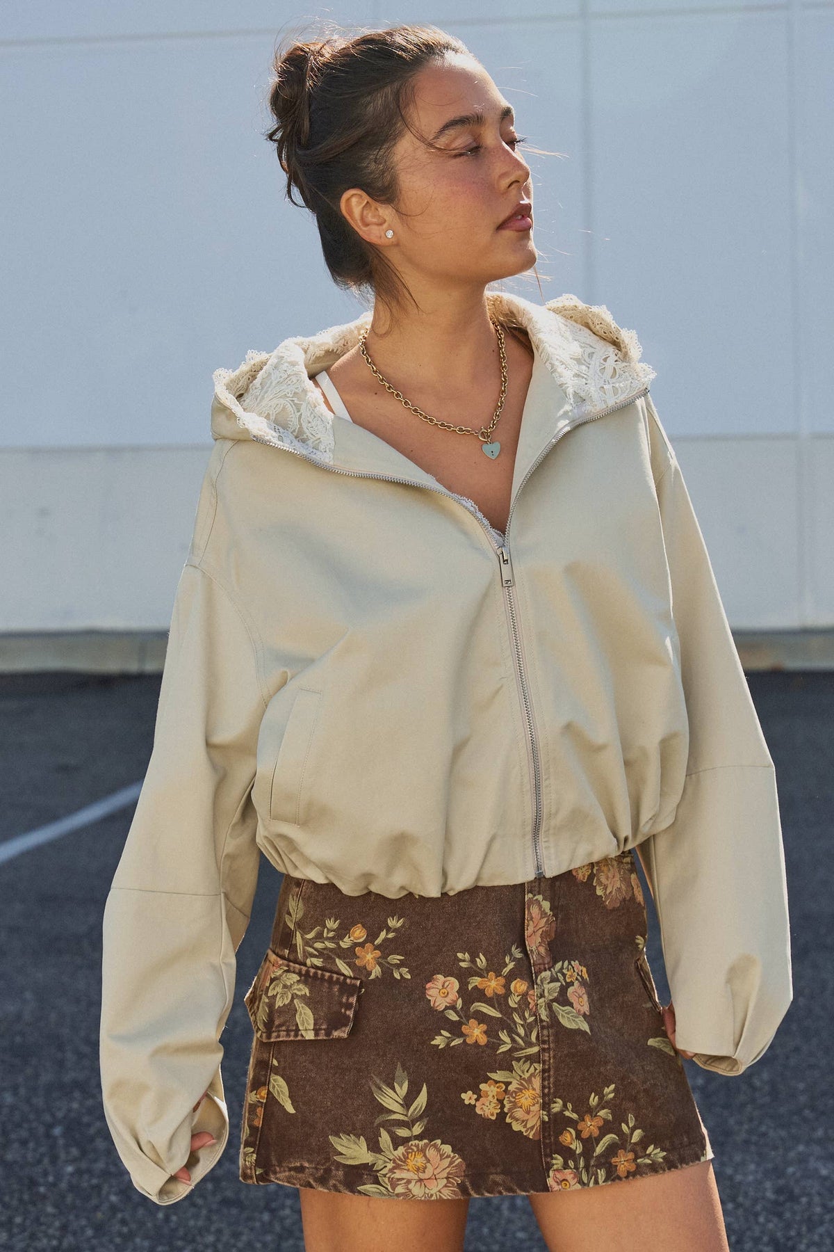 Vintage Floral Cotton Denim Cargo Mini Skirt: Brown