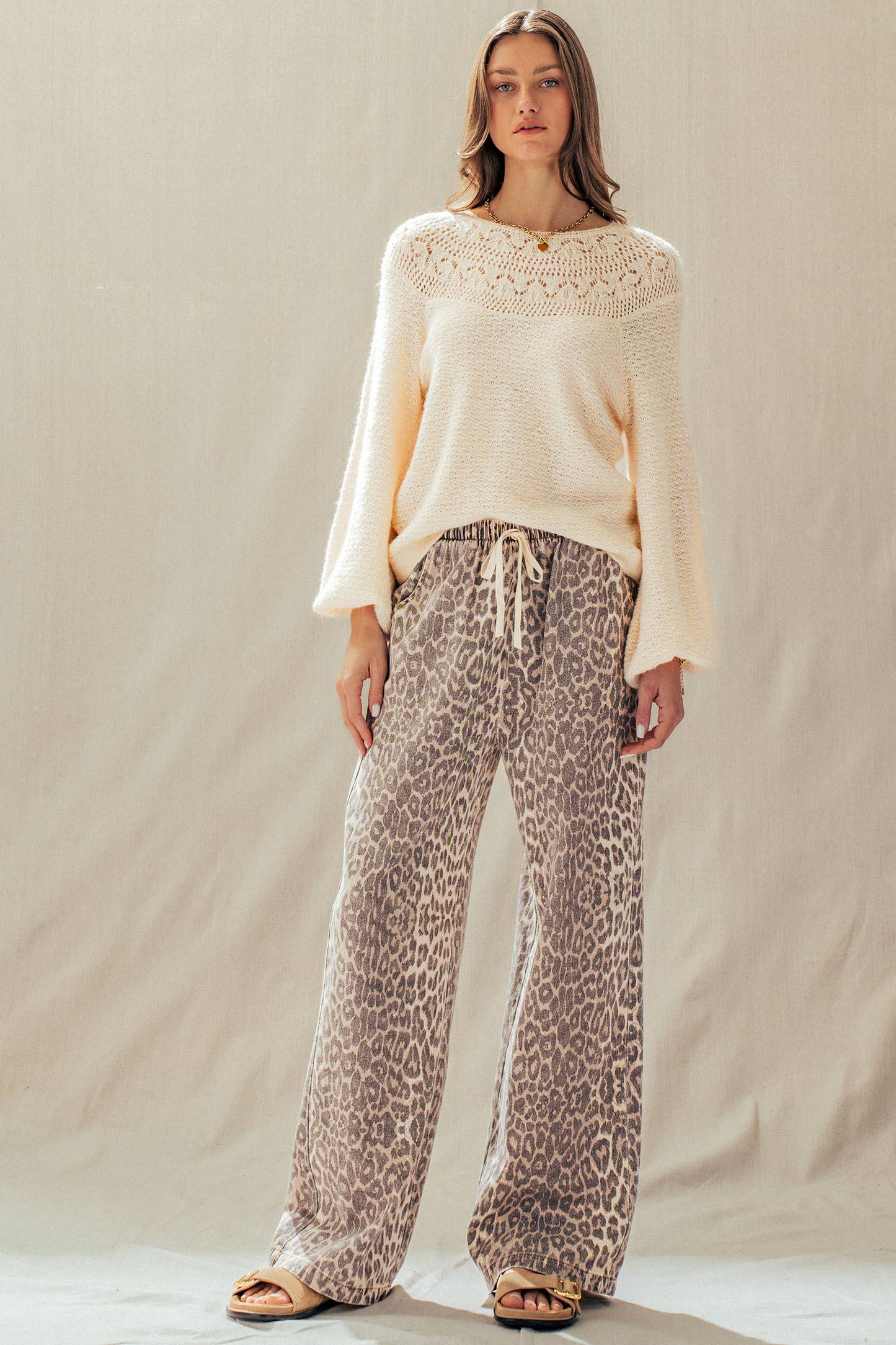 Leopard Print Wide Leg Cotton Pants Drawstring: LEOPARD