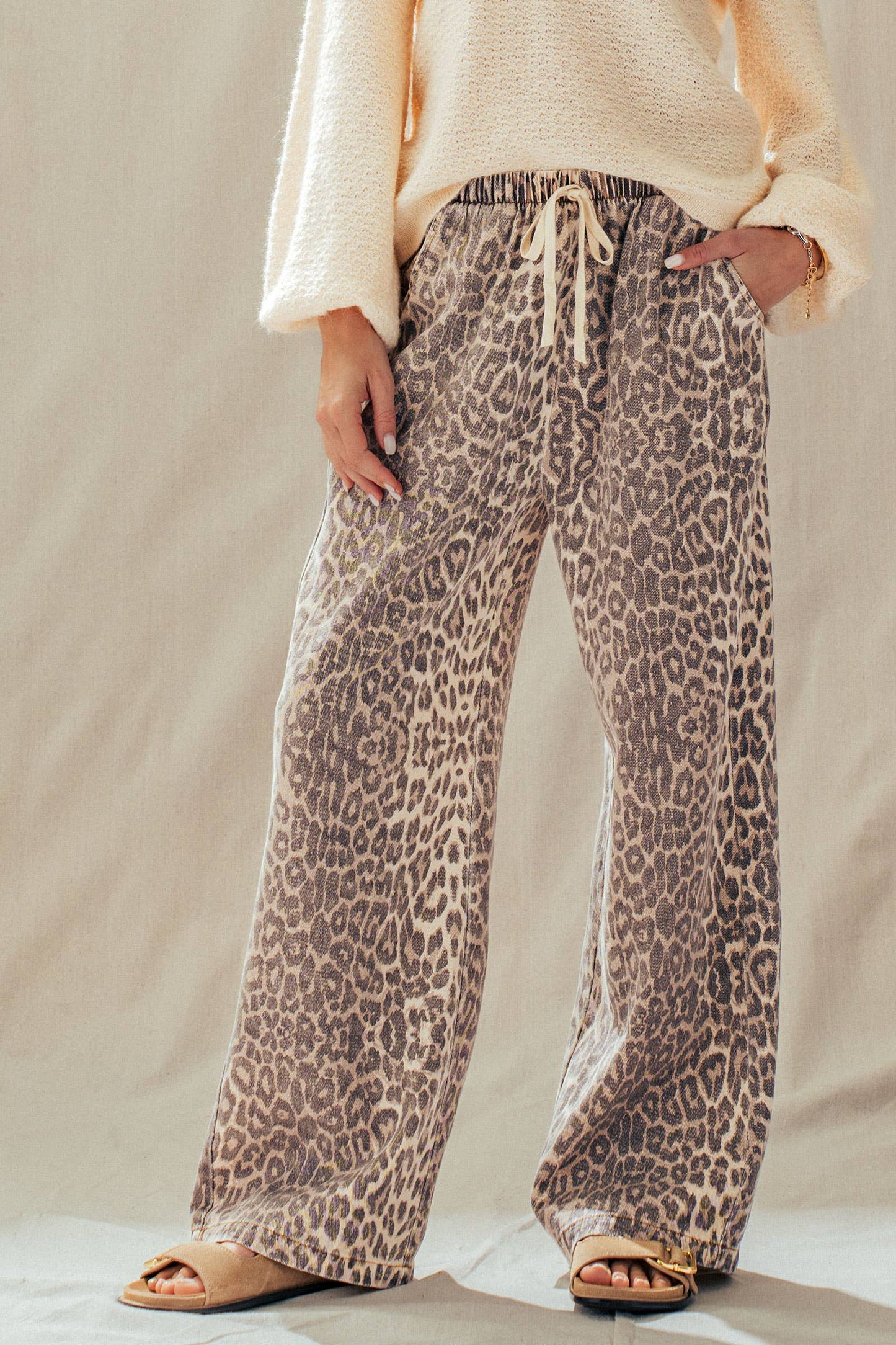 Leopard Print Wide Leg Cotton Pants Drawstring: LEOPARD