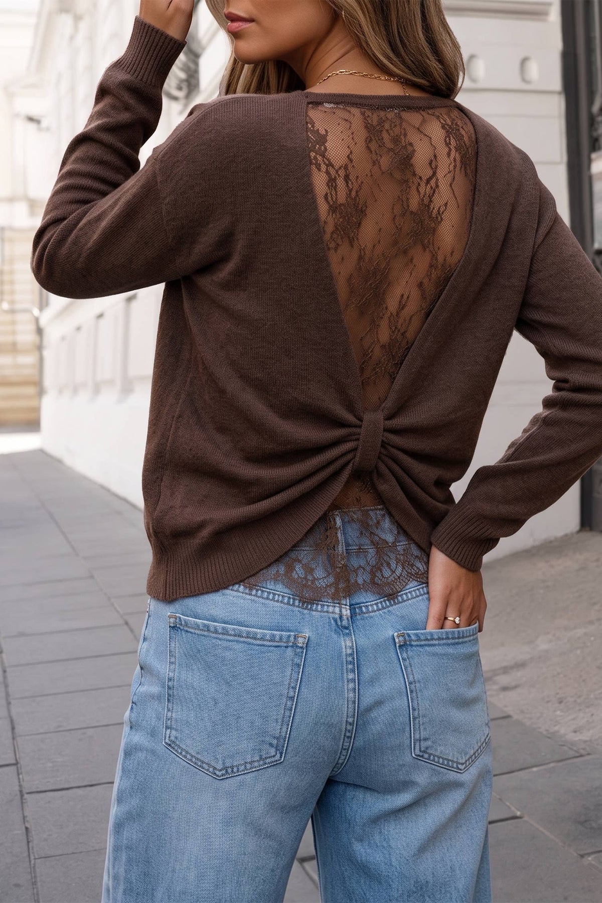 Timeless Solid Crewneck Lossy Lace Sweater Coffee