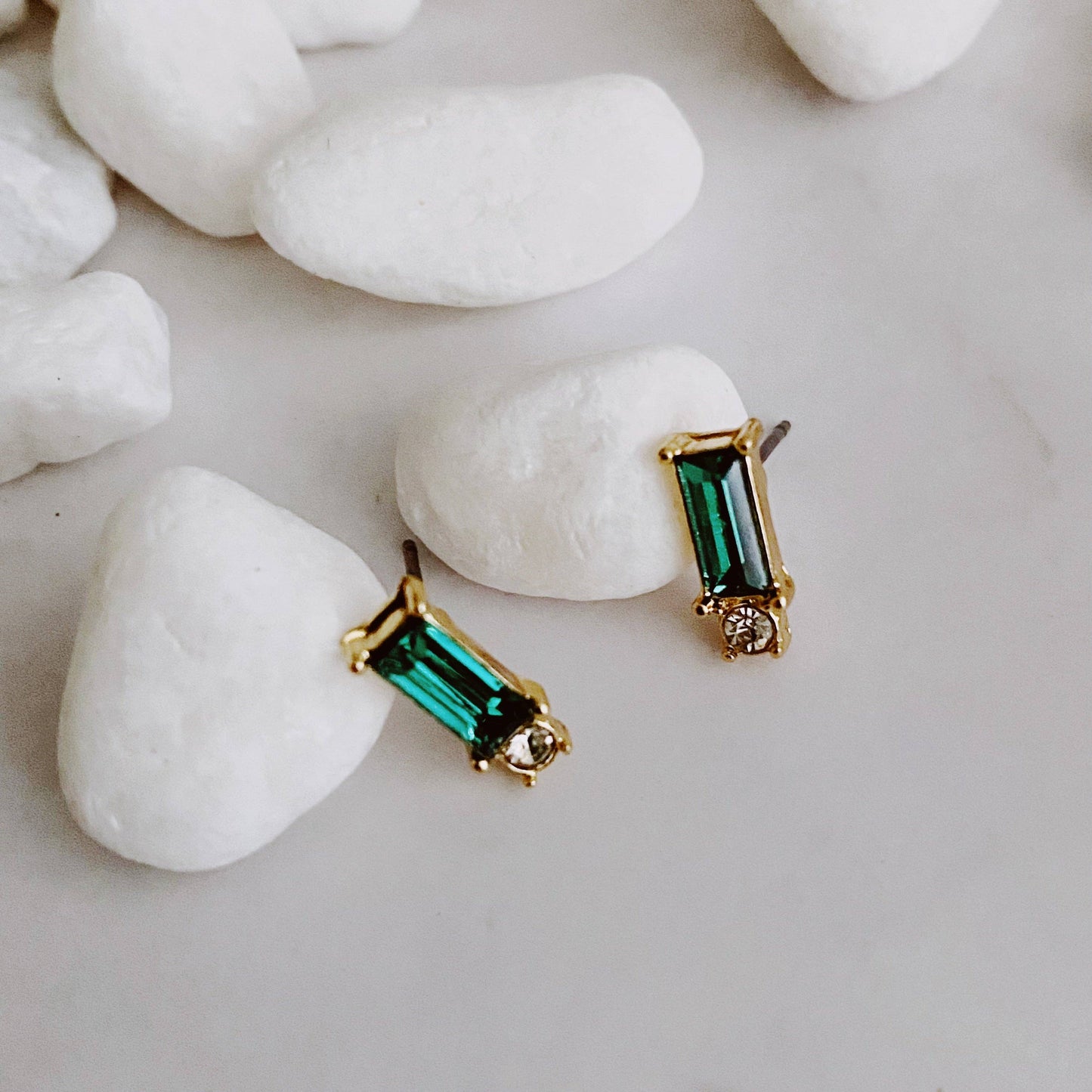 Baguette Cut Stone Stud Earrings: Emerald Green
