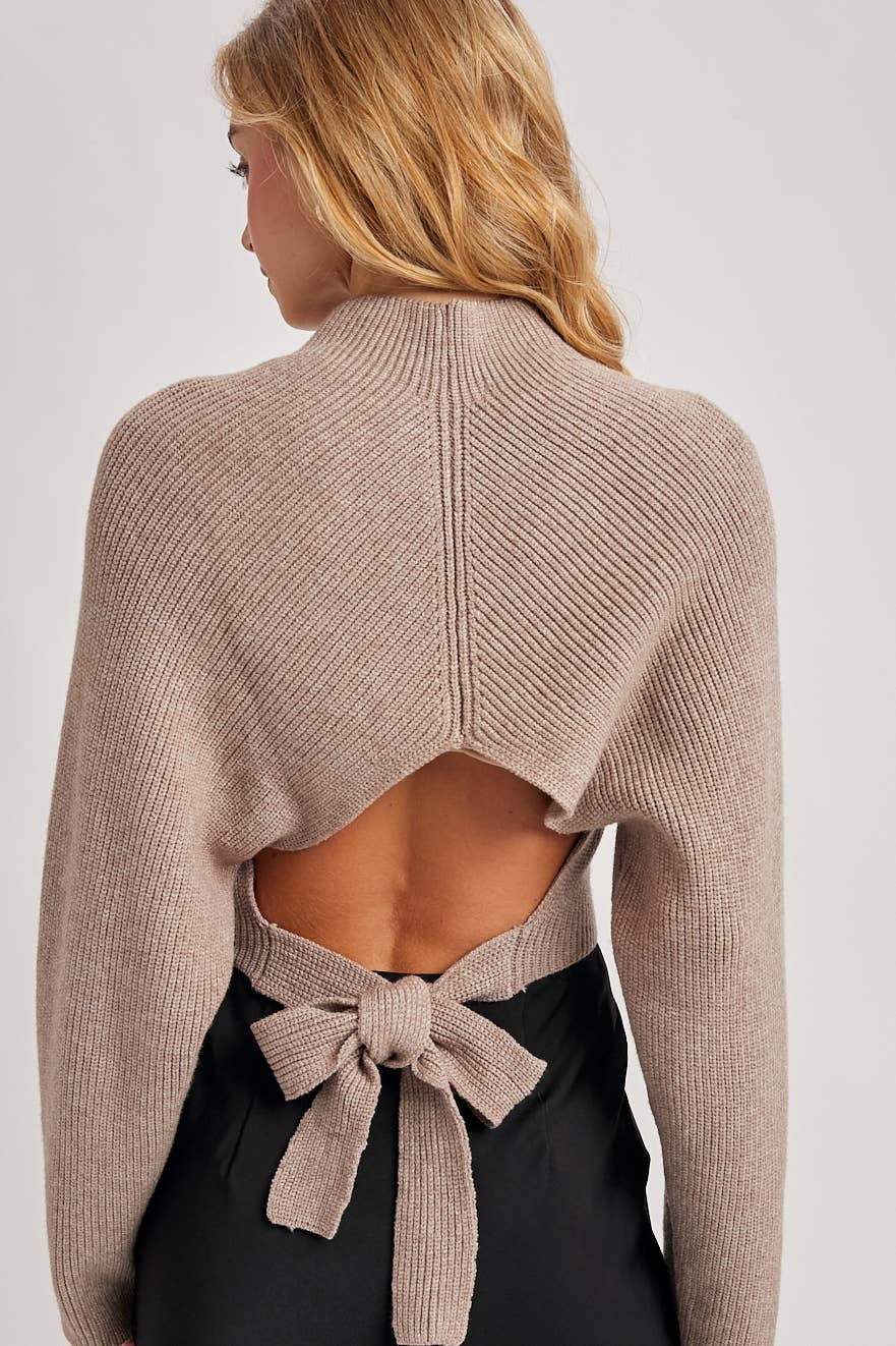 MOCK NECK OPEN BACK RIBBED KNIT TIE SWEATER TOP: LATTE