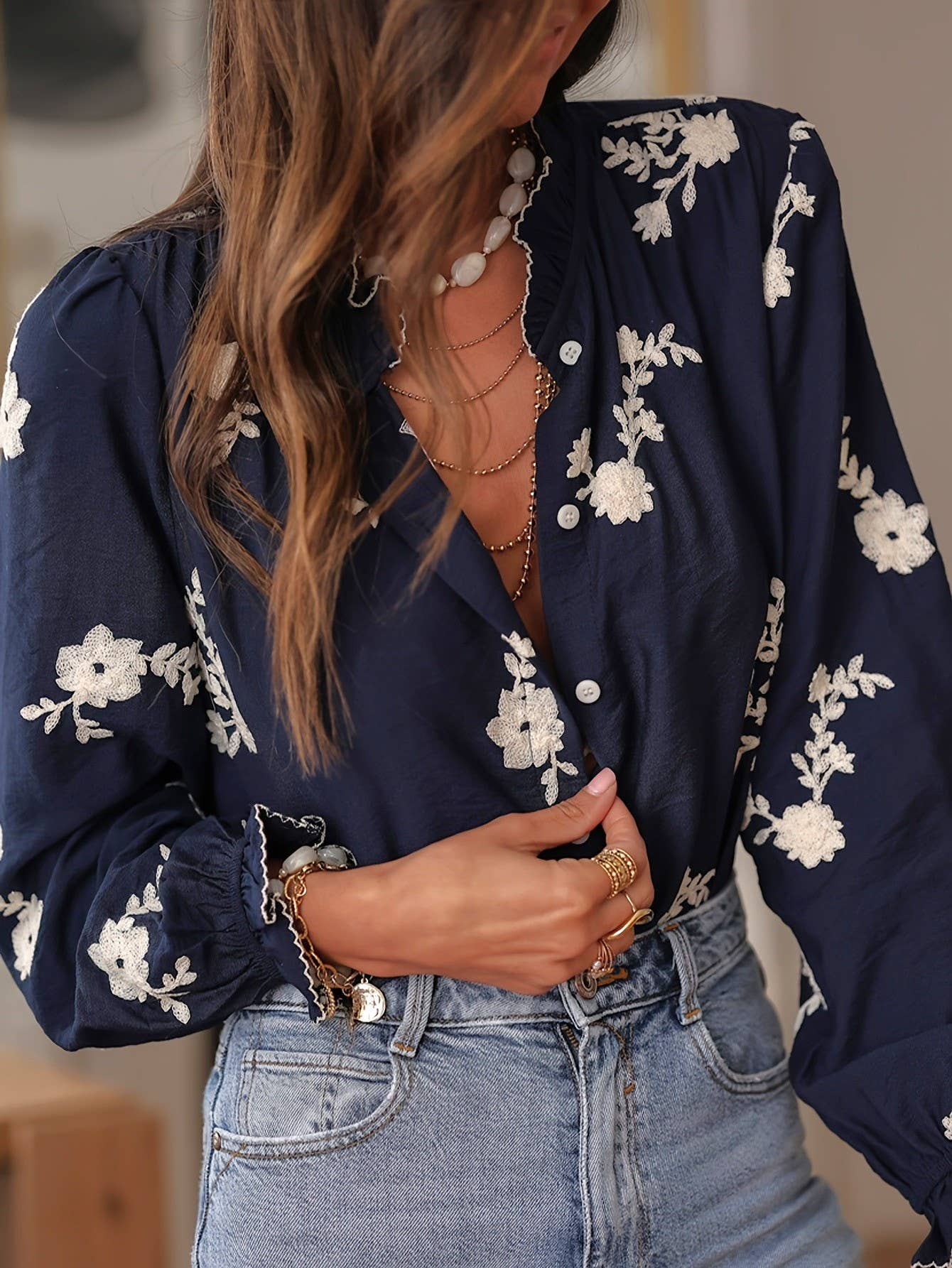 Boho Midnight Ecru Floral Ruffled Blouse: NavyBlue