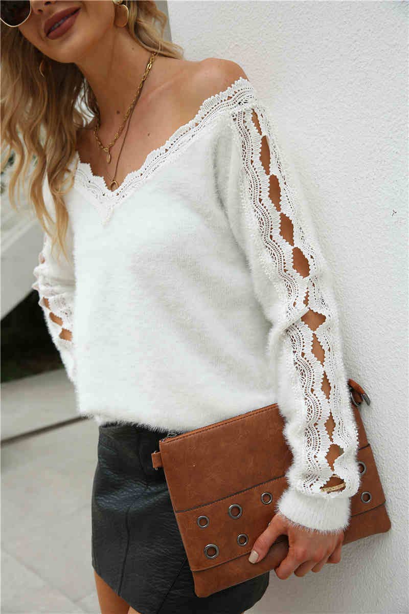 Fuzzy Lace Trim Sweater: Ivory