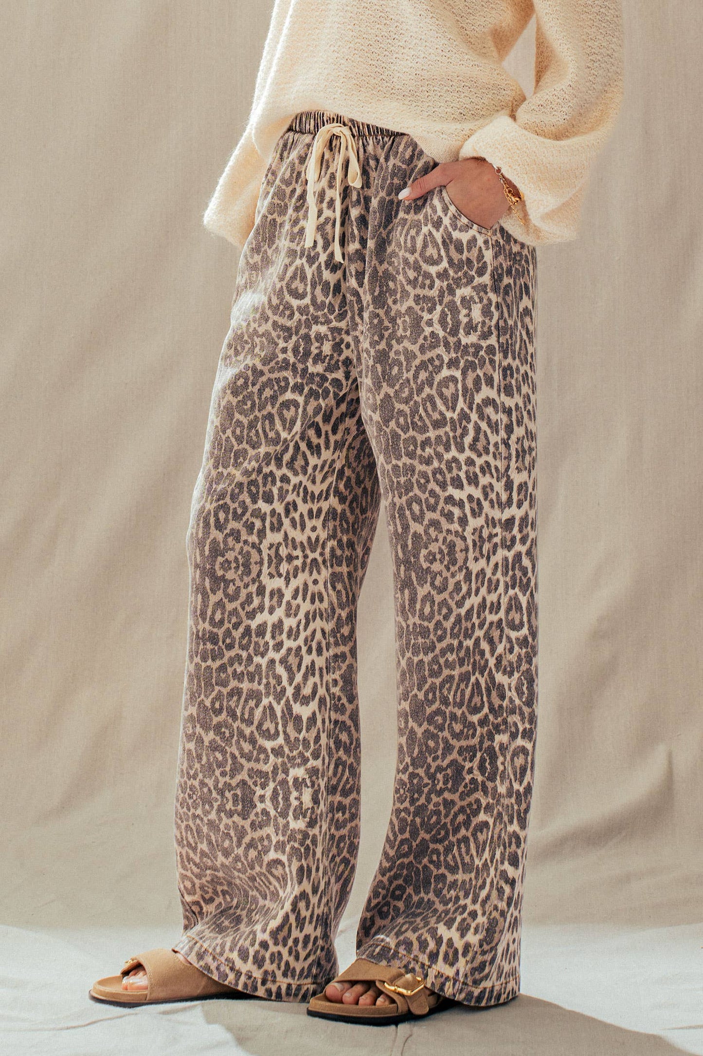Leopard Print Wide Leg Cotton Pants Drawstring: LEOPARD