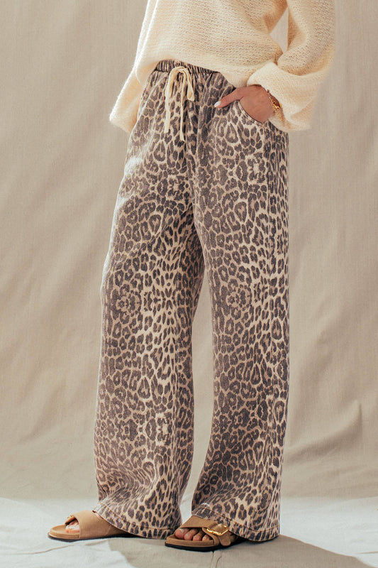 Leopard Print Wide Leg Cotton Pants Drawstring: LEOPARD