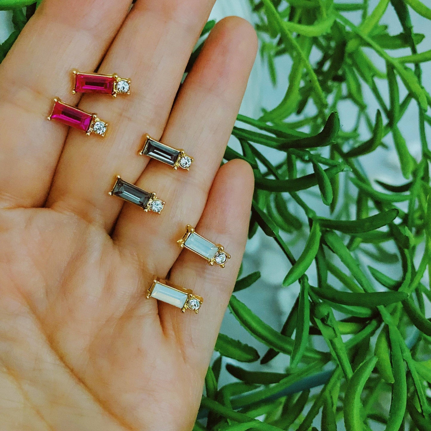 Baguette Cut Stone Stud Earrings: Emerald Green