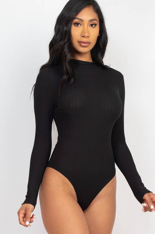 Ribbed Lettuce Edge Mock Neck Long Sleeve Bodysuit