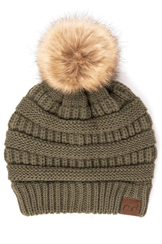 C.C Solid Ribbed Knit Beanie With Pom