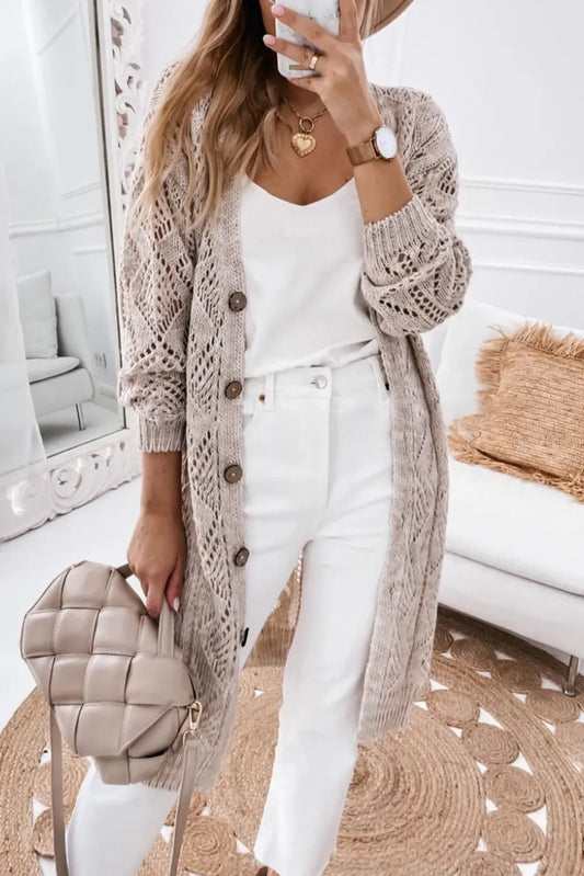 Button Up Hollow Loose Long Sweater Cardigan: Khaki