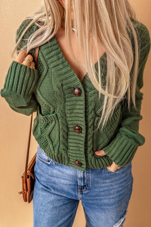 Front Pockets Buttons Textured Cardigan Green
