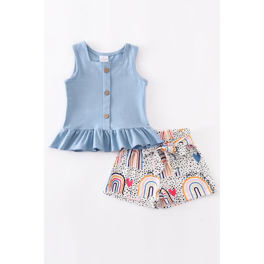 Blue rainbow ruflle shorts set