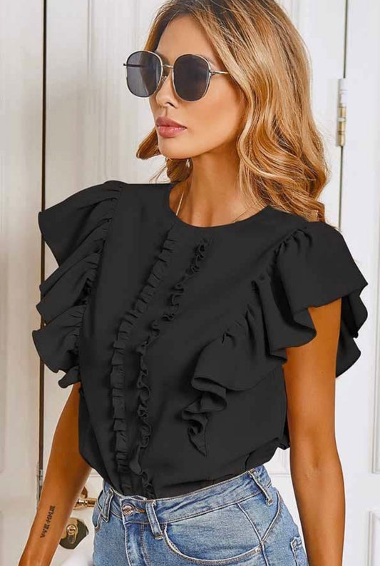 Ruffled Short Sleeve Blouse- Black