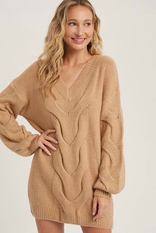 Spiral Twist Cable Tunic Sweater-Latte