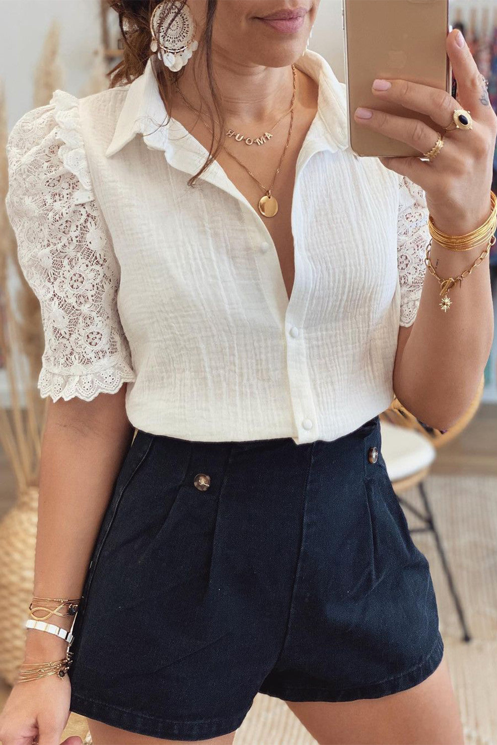 White Lace Sleeved Button-Up Top