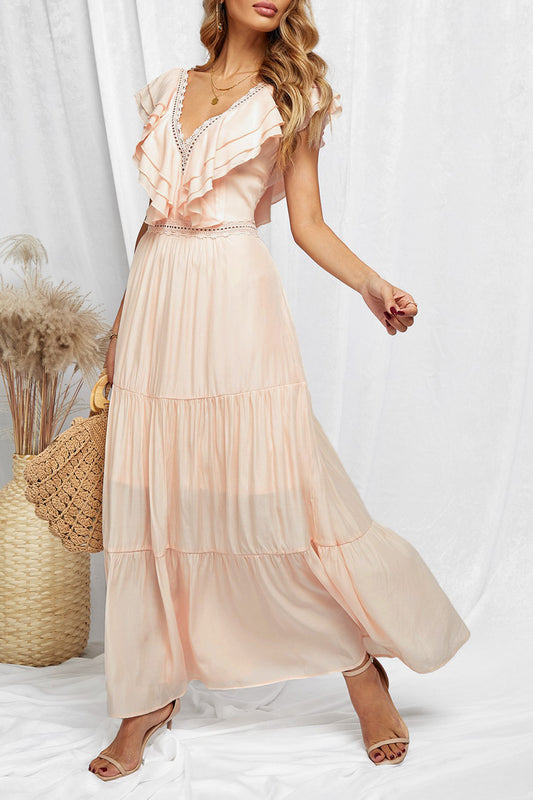 Pink Lace Splicing Ruffled Deep V Neck Maxi Dress