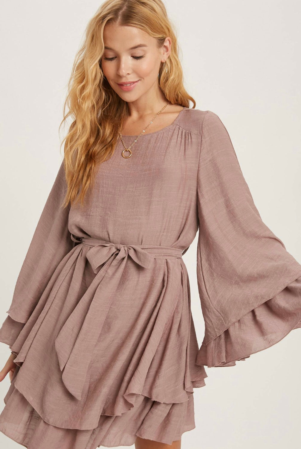 Ruffled Bell Sleeves BoHo Dress-Mauve