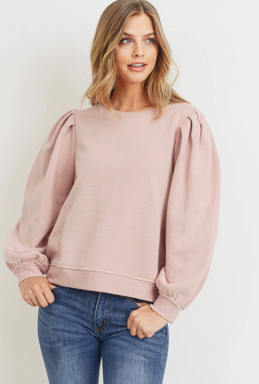 Long Sleeve Bubble Sleeve French Terry Pullover-Blush