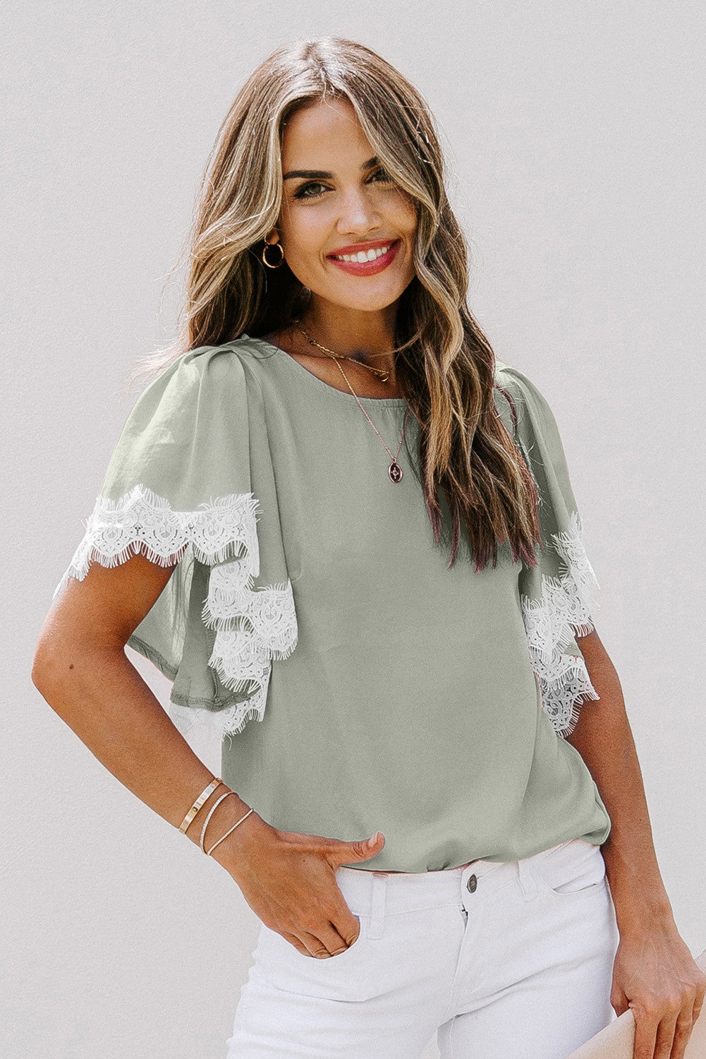Lace Flutter-Sleeve Top - Green