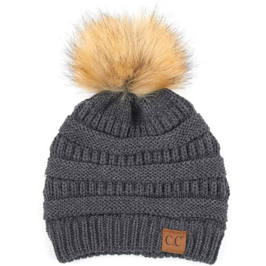 C.C Solid Ribbed Knit Beanie With Pom