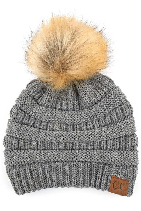 C.C Solid Ribbed Knit Beanie With Pom